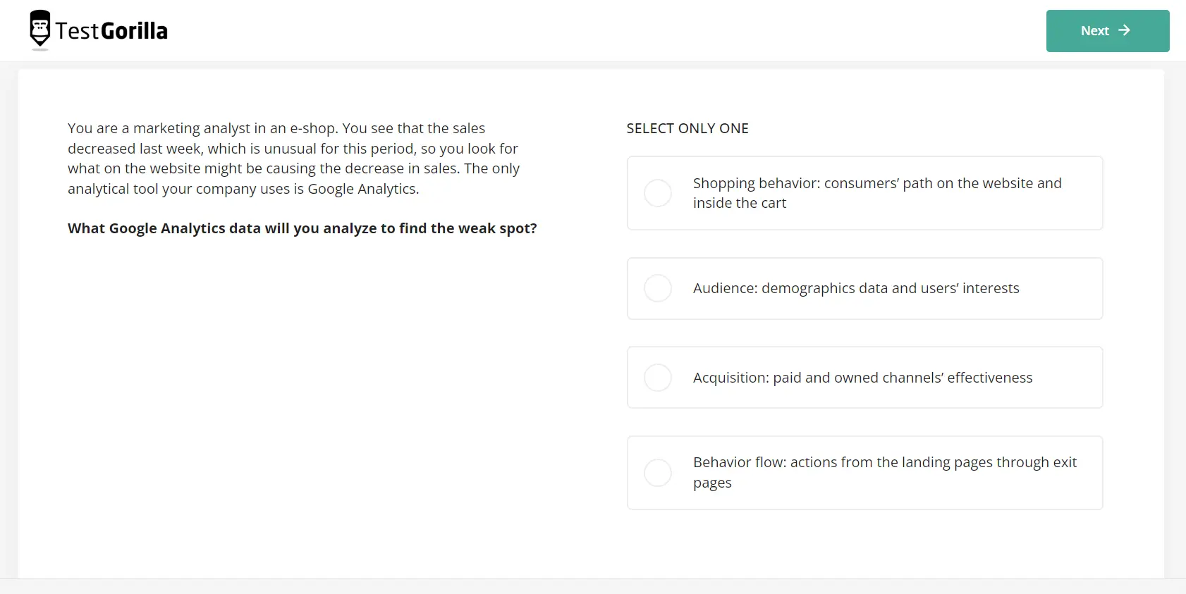 An example question from TestGorilla's Marketing Analytics test