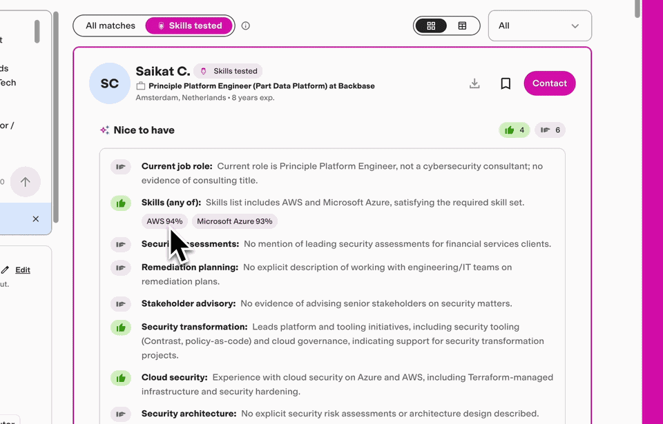 Gorilla Sourcing results with the Skills tested tab on: a candidate card with skill scores next to the evidence for each criterion
