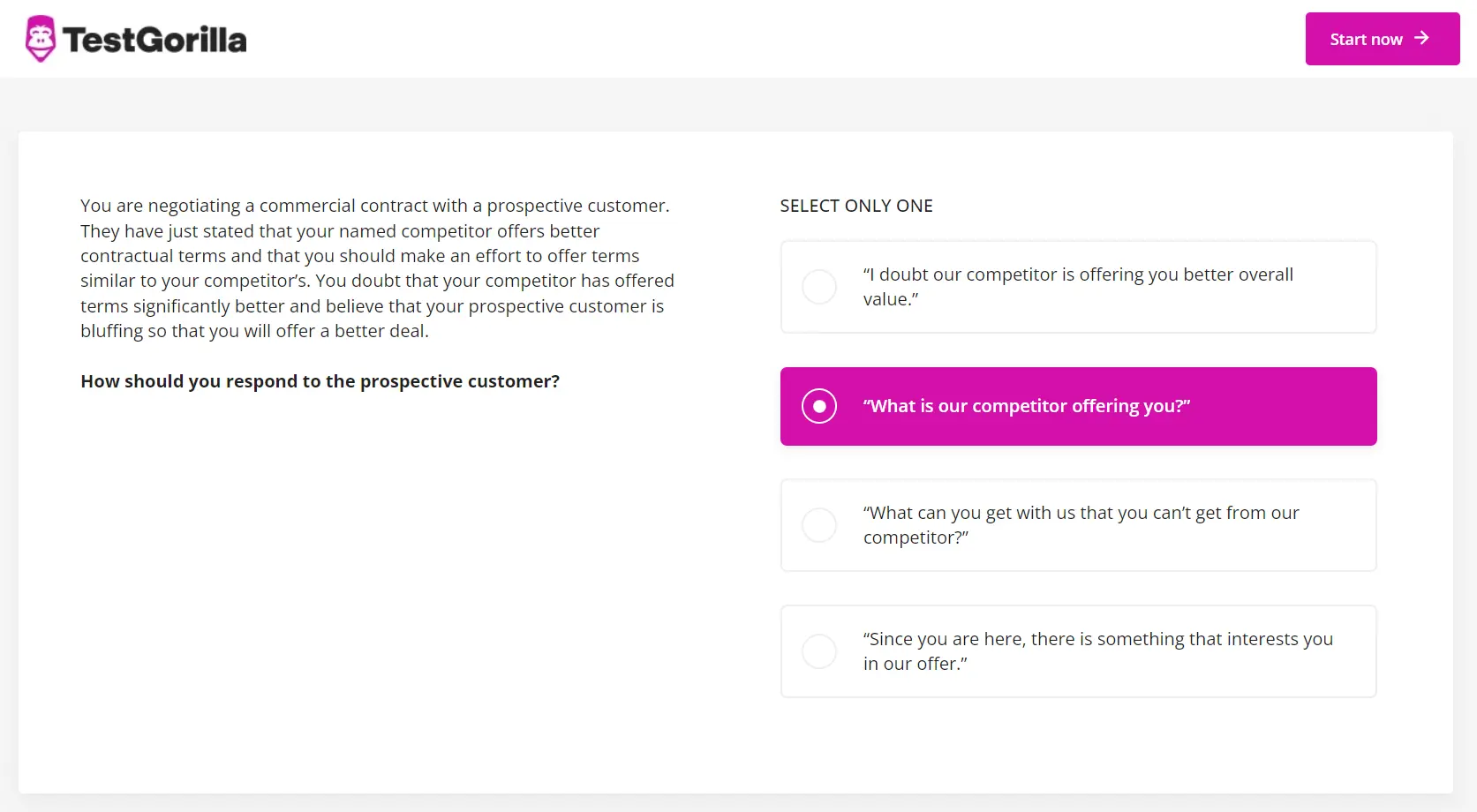 An example question from TestGorilla's Negotiation test screenshot