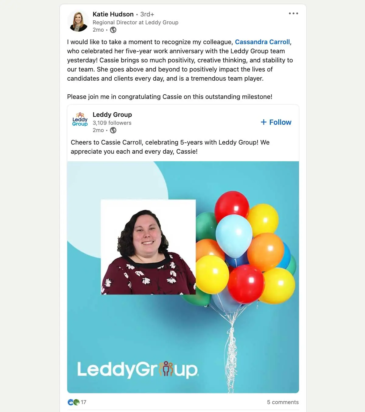 Leddy Group social media post recognizing a colleagues work anniversary screenshot