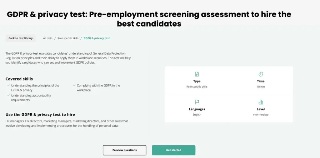 screenshot of TestGorilla's GDPR and privacy test