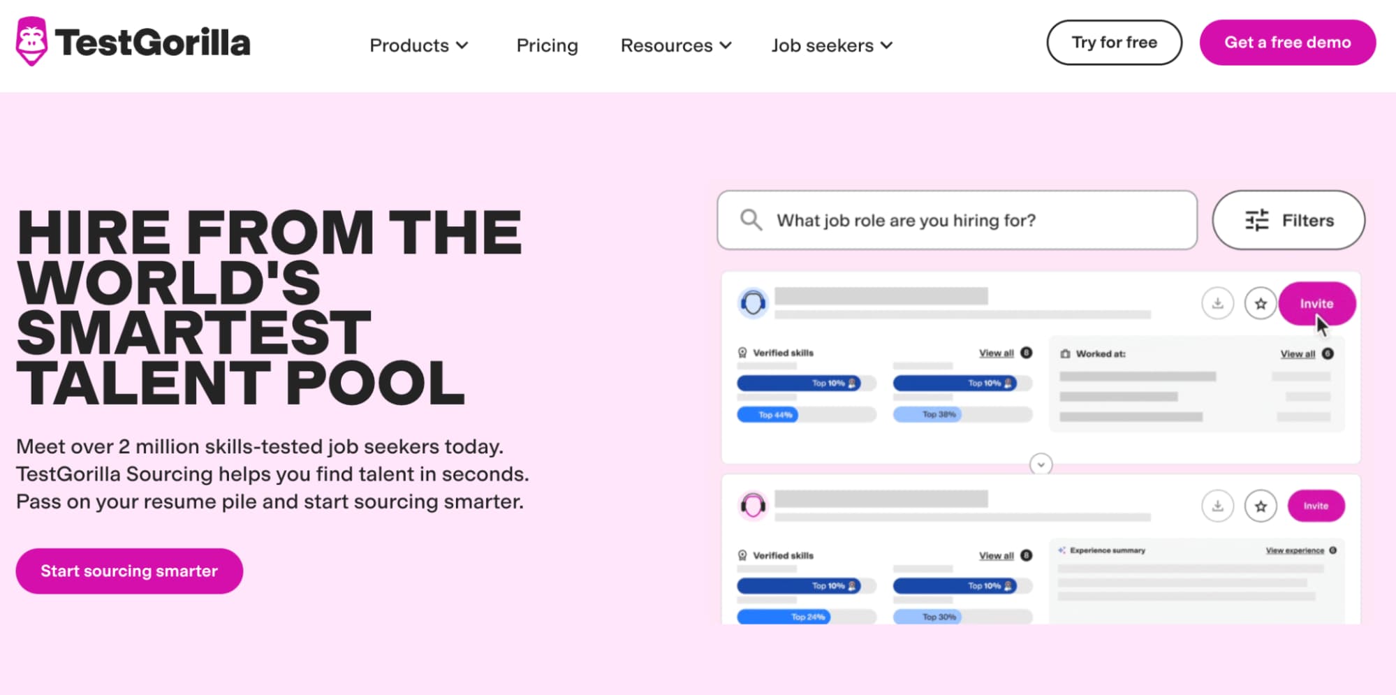 TestGorilla Sourcing landing page with text on a pink background that reads, “Hire from the world’s smartest talent pool