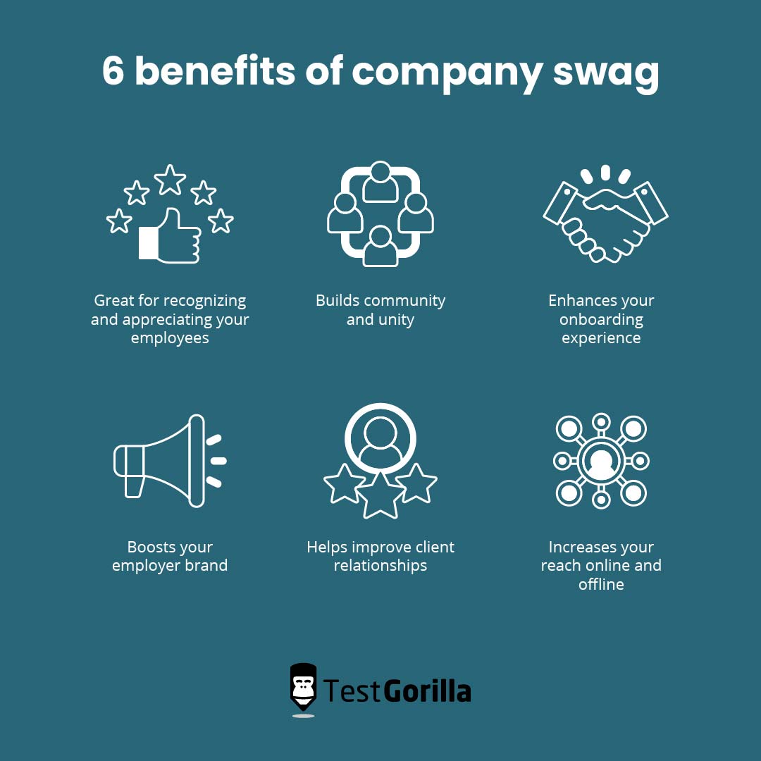 Graphic image showing 6 benefits of company swag