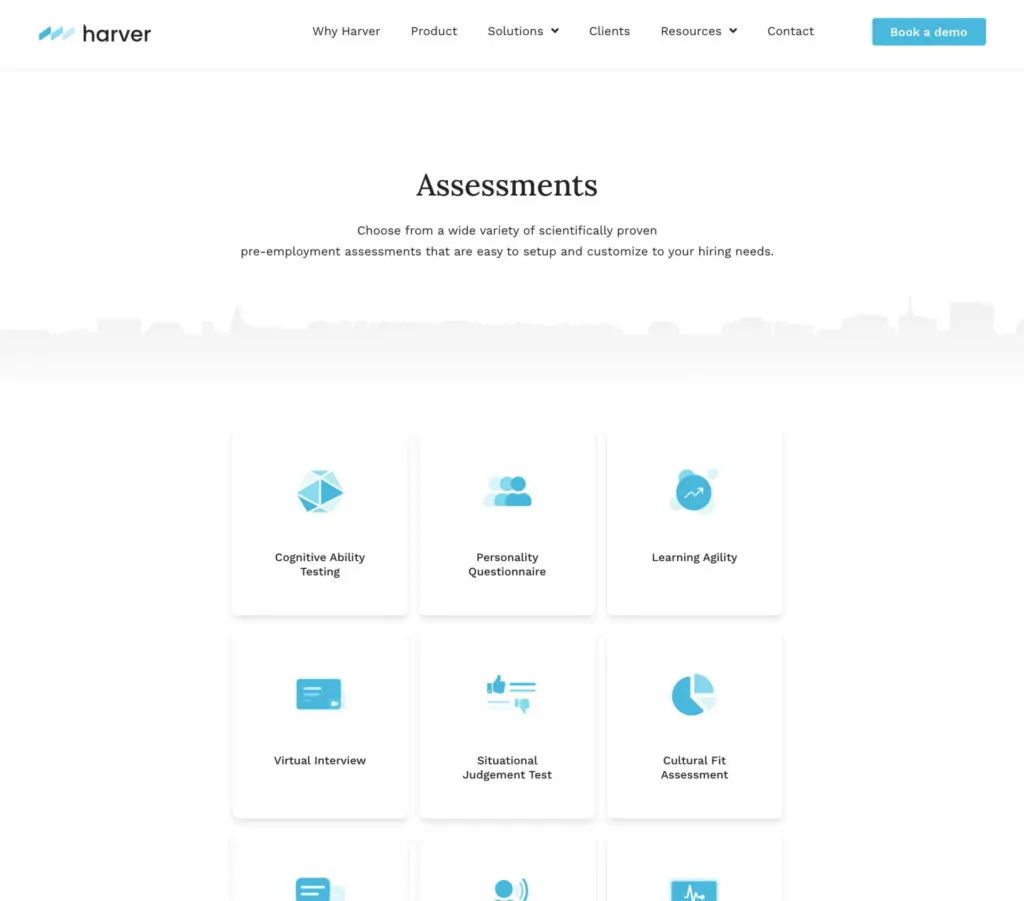 preview of Harver assessment homepage