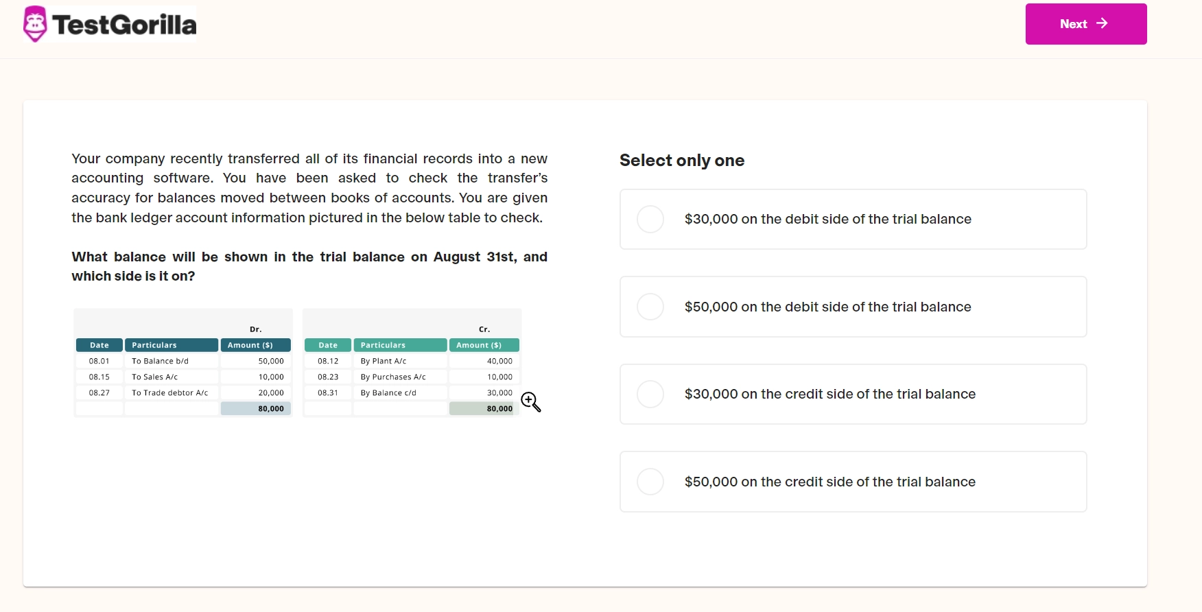 Screenshot of preview question from TestGorilla's Accounting (Intermediate) test