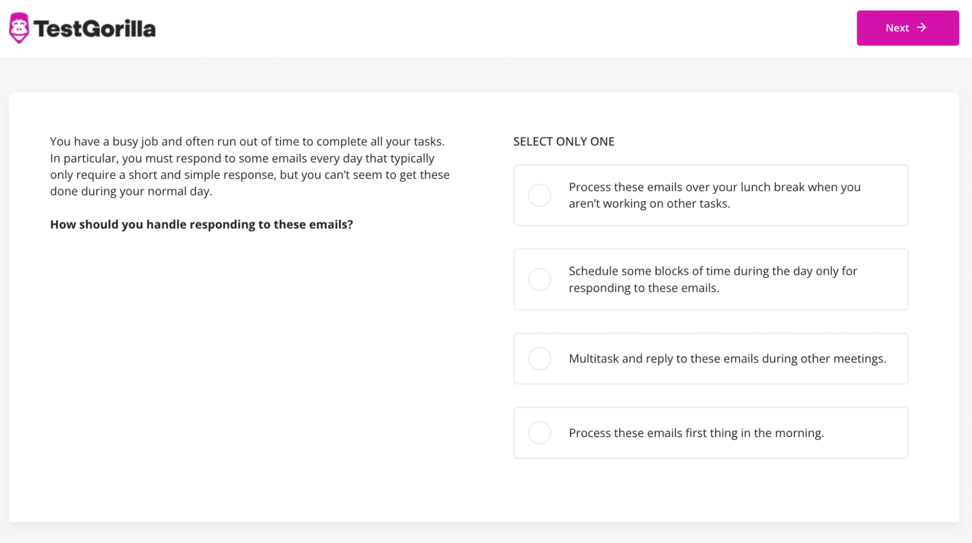 An example of TestGorilla's Time Management test