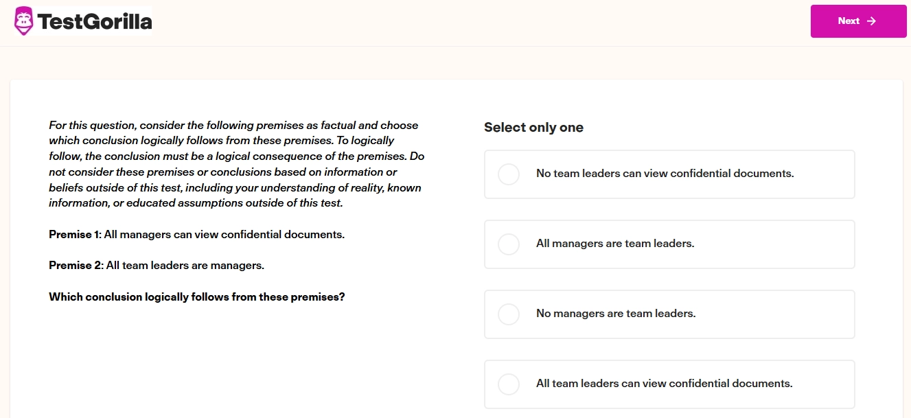 An example question from TestGorilla's Critical Thinking test