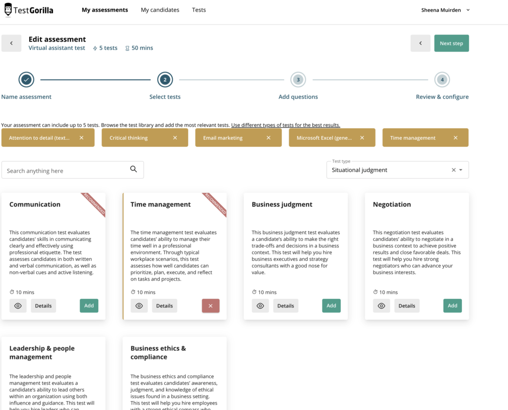 screenshot of choosing what skills to test for a virtual assistant role in TestGorilla