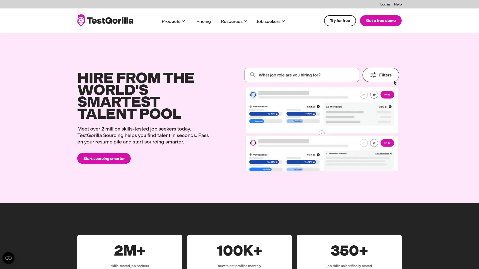 Screenshot of the TestGorilla Sourcing page, with statistics on the size and efficacy of TestGorilla’s talent pool.