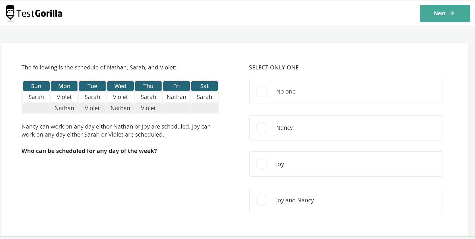 An example question from TestGorilla's Problem Solving test
