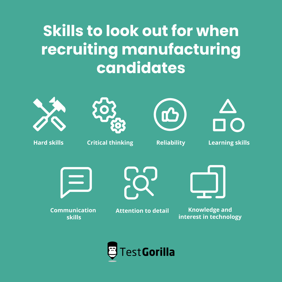 Manufacturing recruiting. TestGorilla's Skills to look out for when recruiting manufacturing candidates: hard skills, critical thinking, reliability, learning skills, communication skills, attention to detail, and knowledge and interest technology. 
