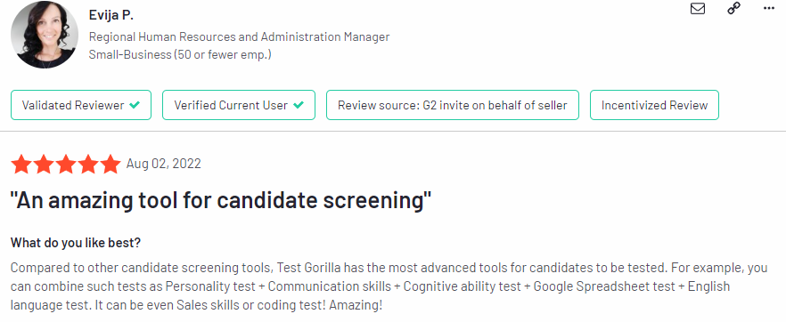 screenshot of testgorilla review in G2