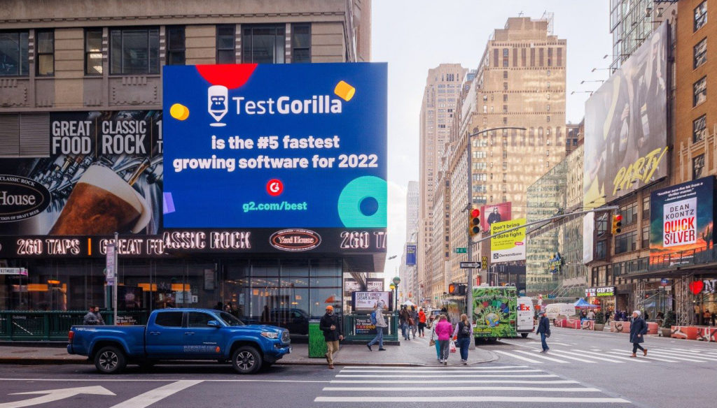 A billboard in Times Square, New York, announcing TestGorilla's inclusion at number five in G2's list of fastest-growing software products for 2022