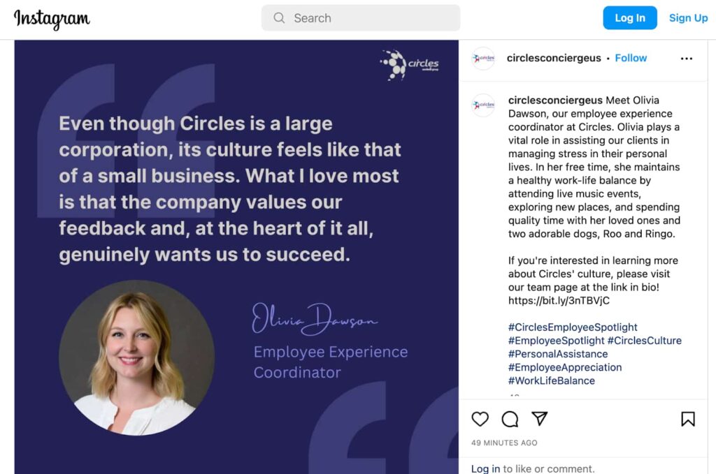 example of employee spotlight by Circles Concierge screenshot