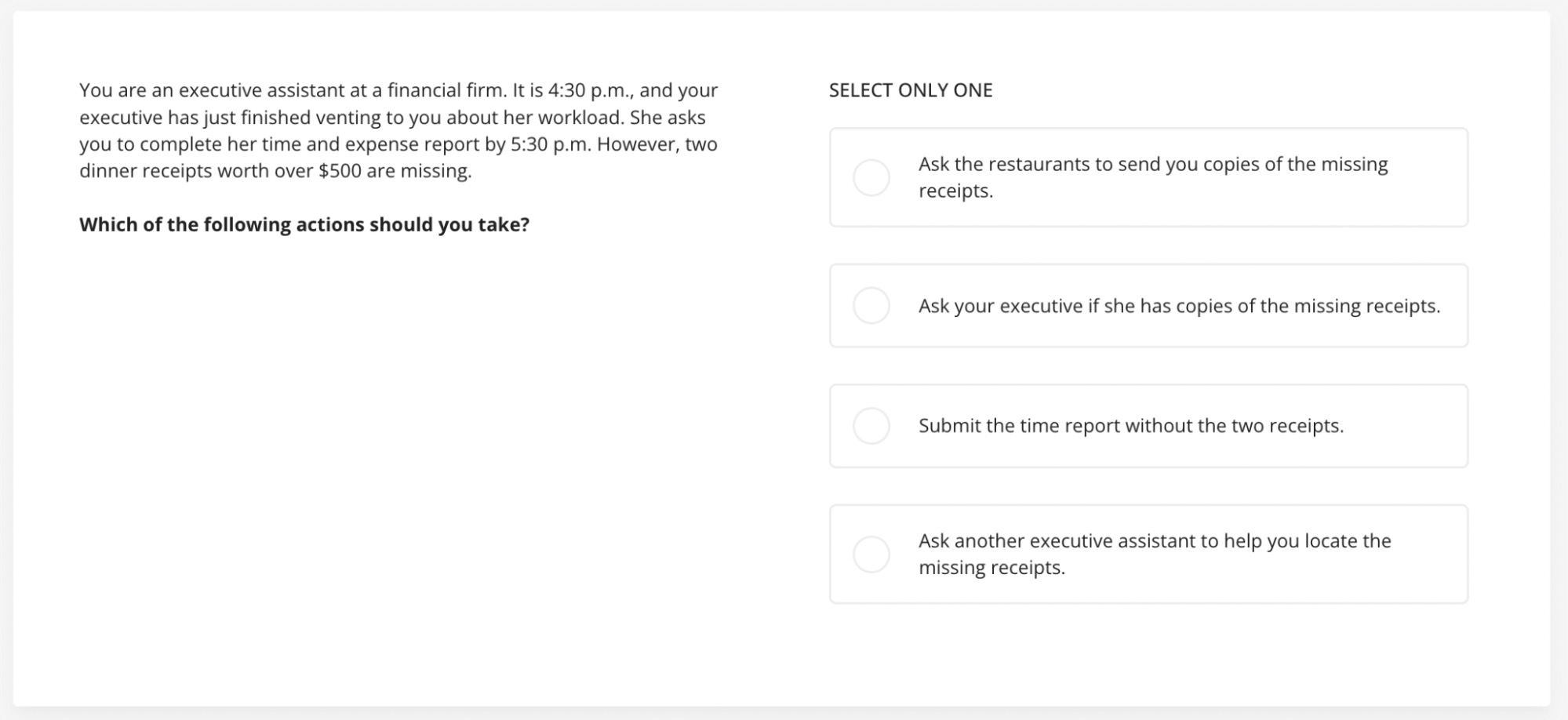 preview of executive assistant question in TestGorilla