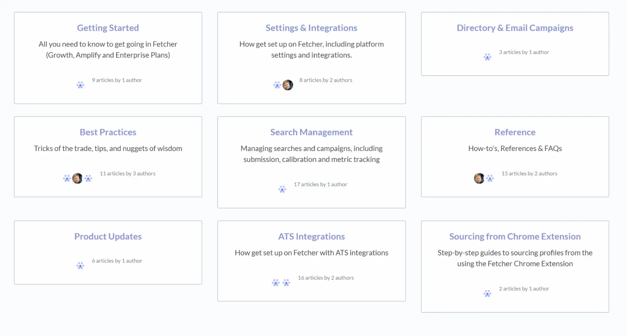 Fetcher’s online knowledge base showing categories for Getting Started, Search Management, ATS Integrations, and more.