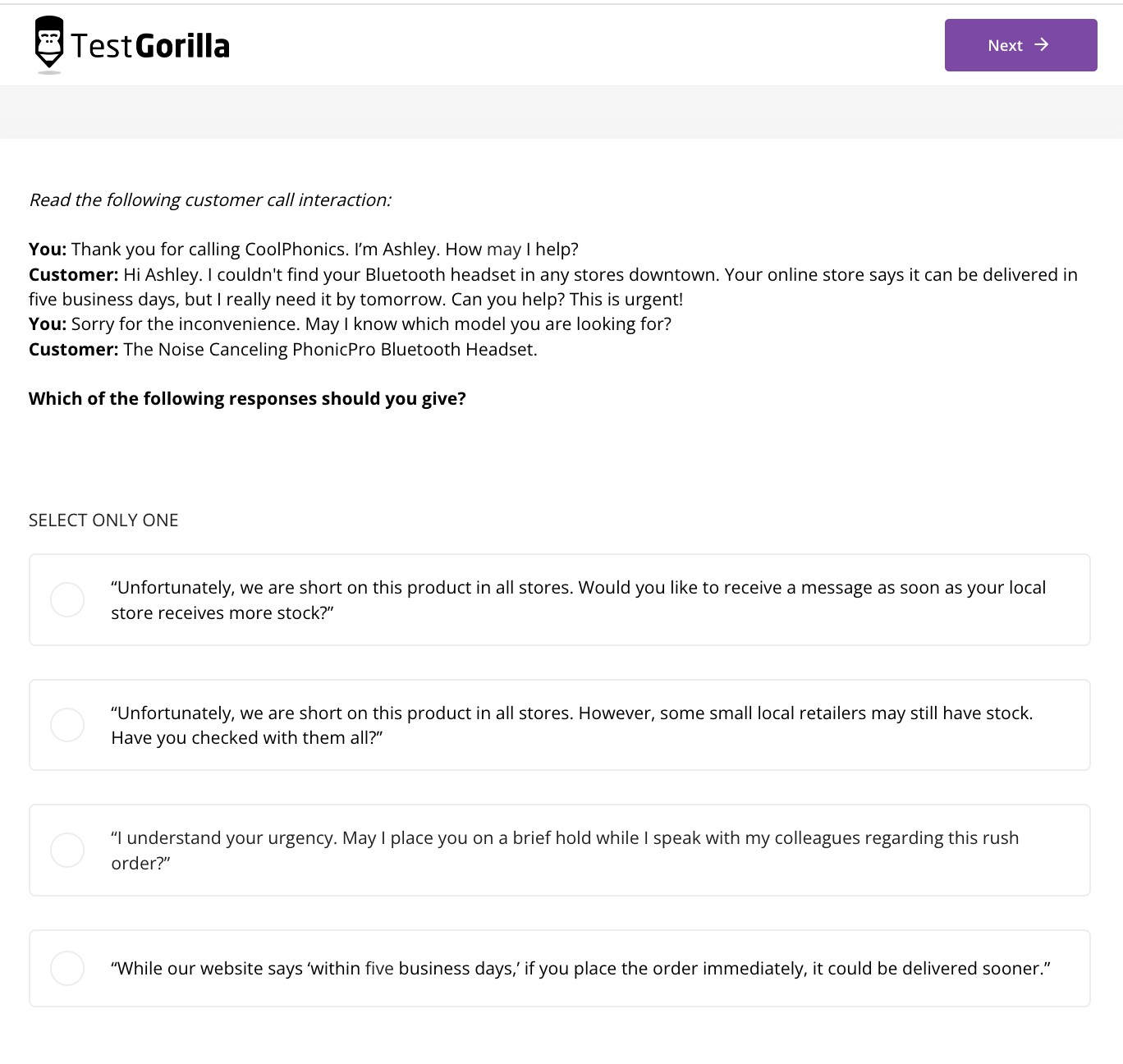 customer call interaction example question at testgorilla