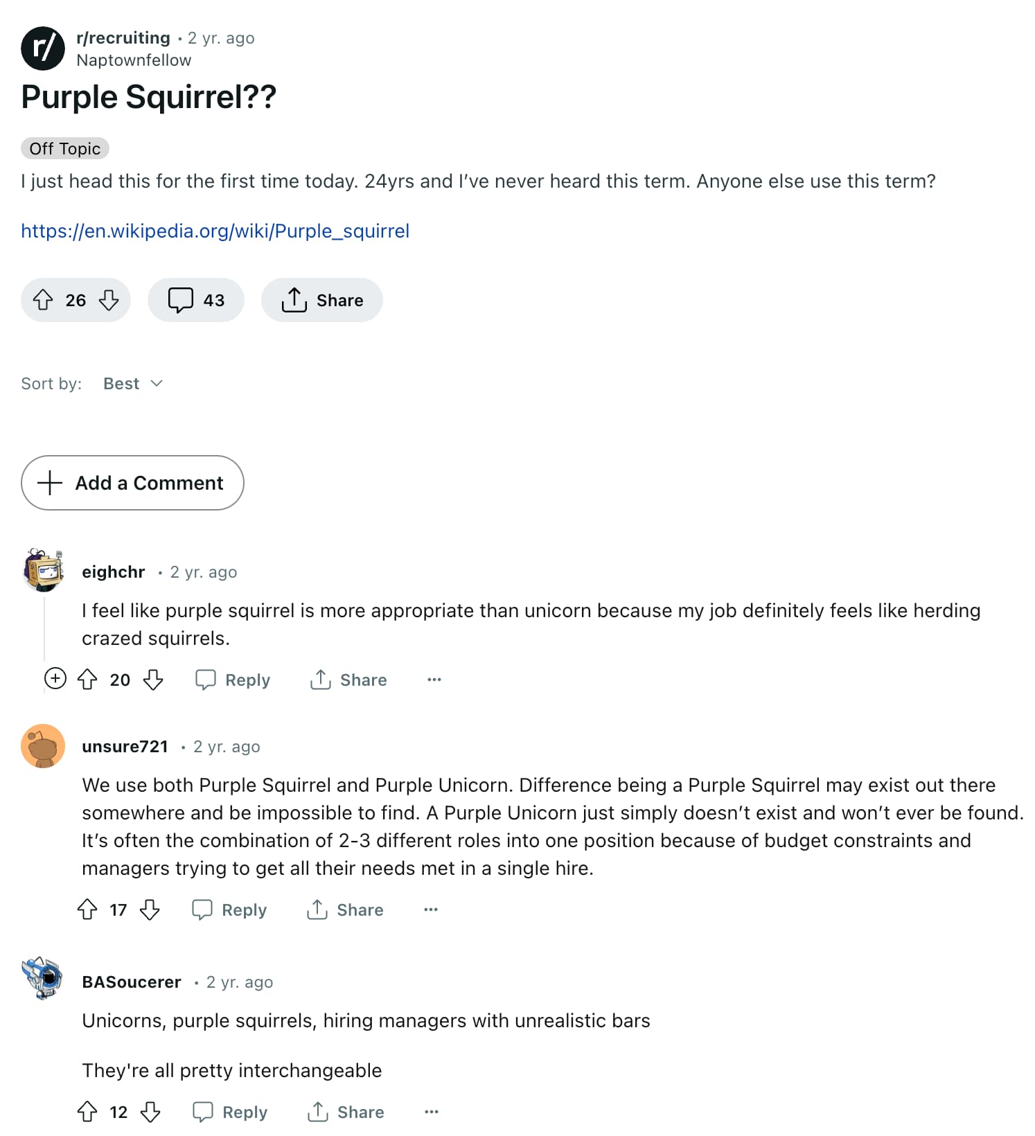 reddit discussion about purple squirrels in recruiting