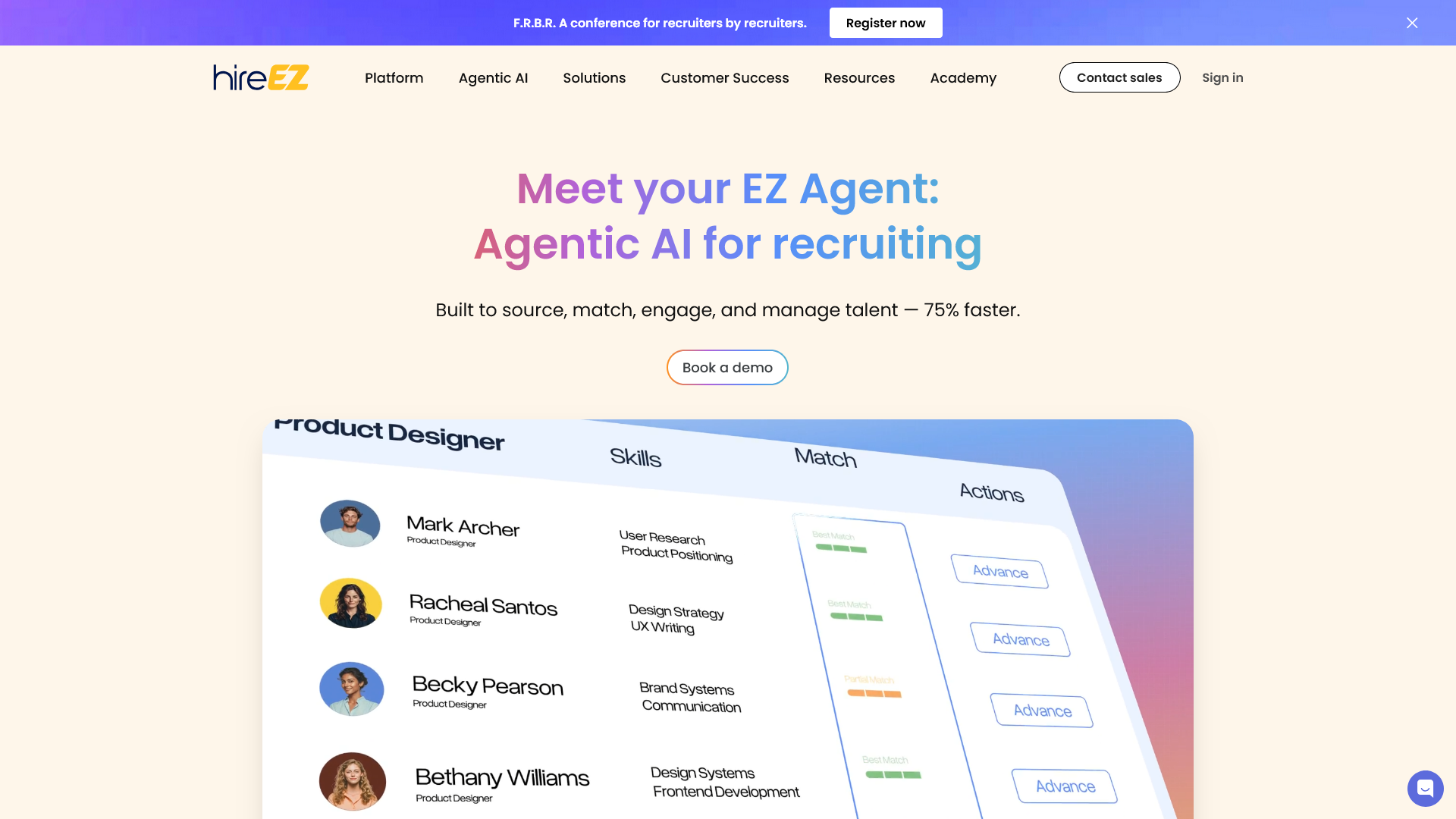 Screenshot of the hireEZ EX website showing an infographic of the EZ Agent Agentic AI
