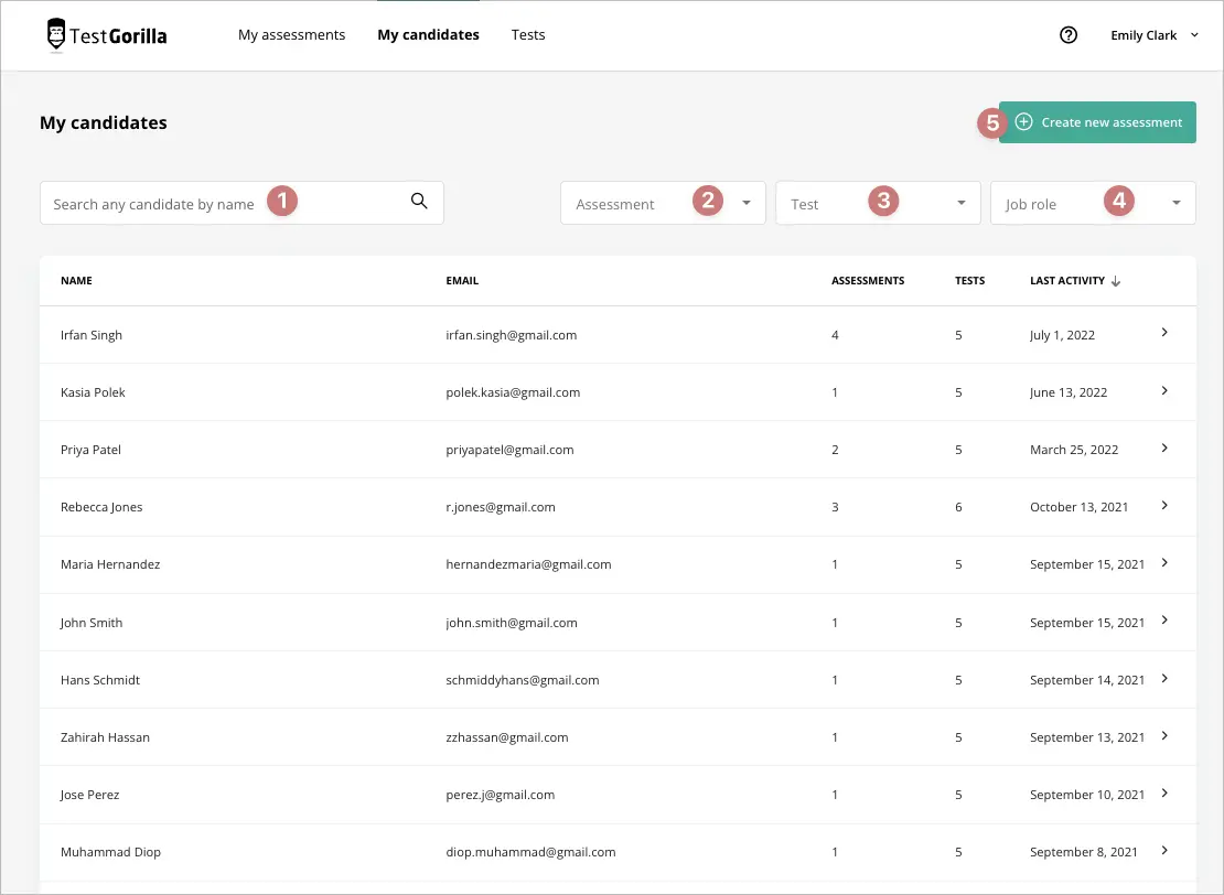 An example of a grouped comparison of candidates in TestGorilla