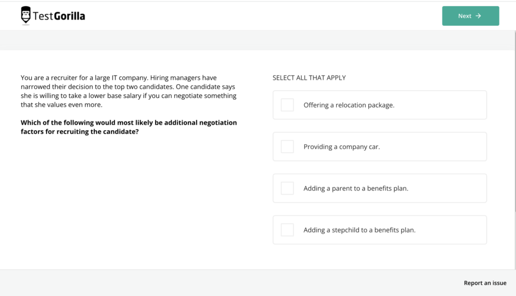 screenshot of an example question from TestGorilla’s talent acquisition test