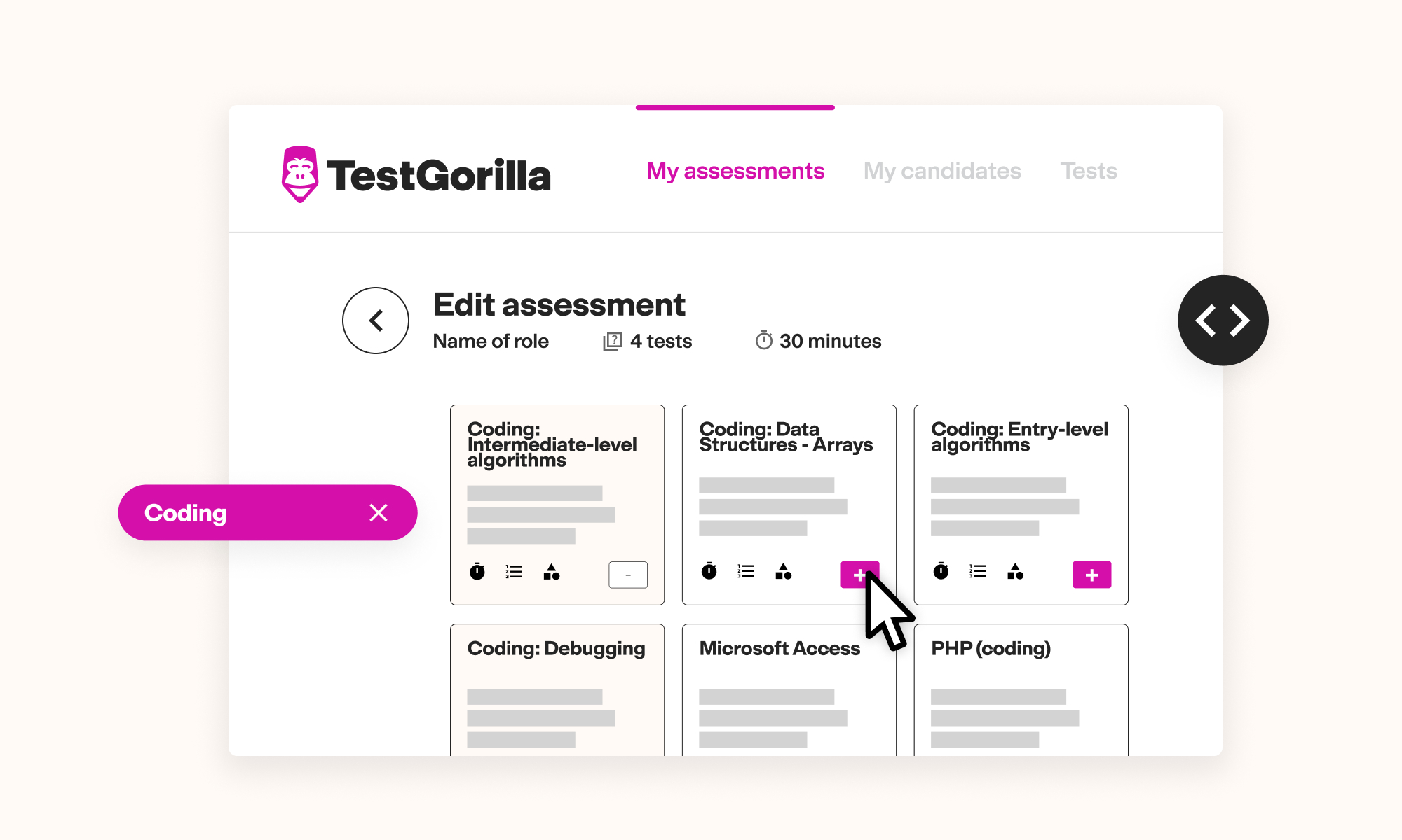 Ability to search and easily add coding tests to an assessment