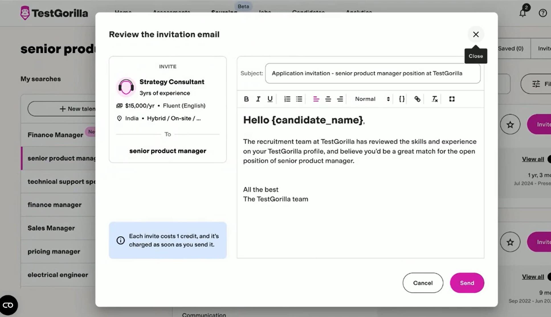 TestGorilla Sourcing interface displaying an invitation email creation tool where users can send an email to job-seekers.
