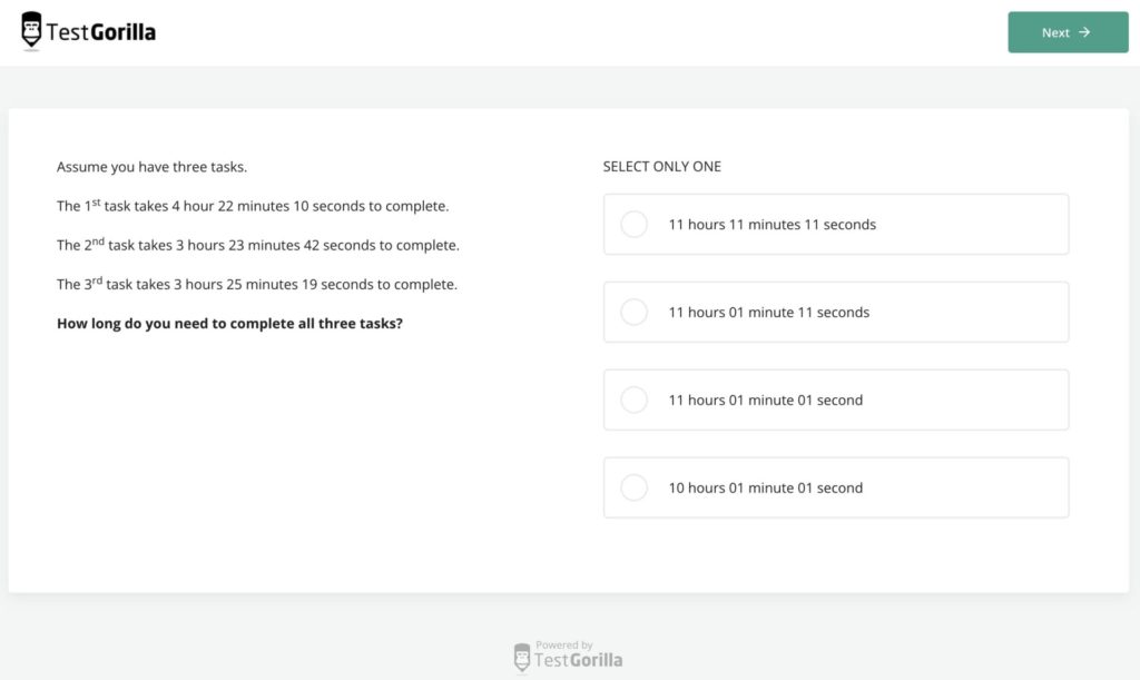 aperçu du test de calcul de base à trois chiffres par TestGorilla