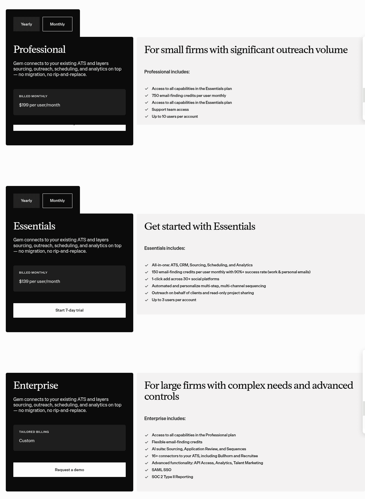 Gem's staffing pricing page with monthly billing selected: Professional $199 and Essentials $139 per user a month, and Enterprise custom

