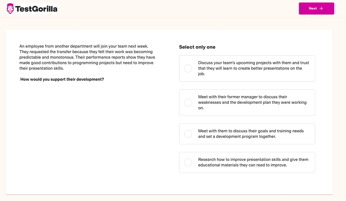 An example question from TestGorilla's Leadership and People Management test