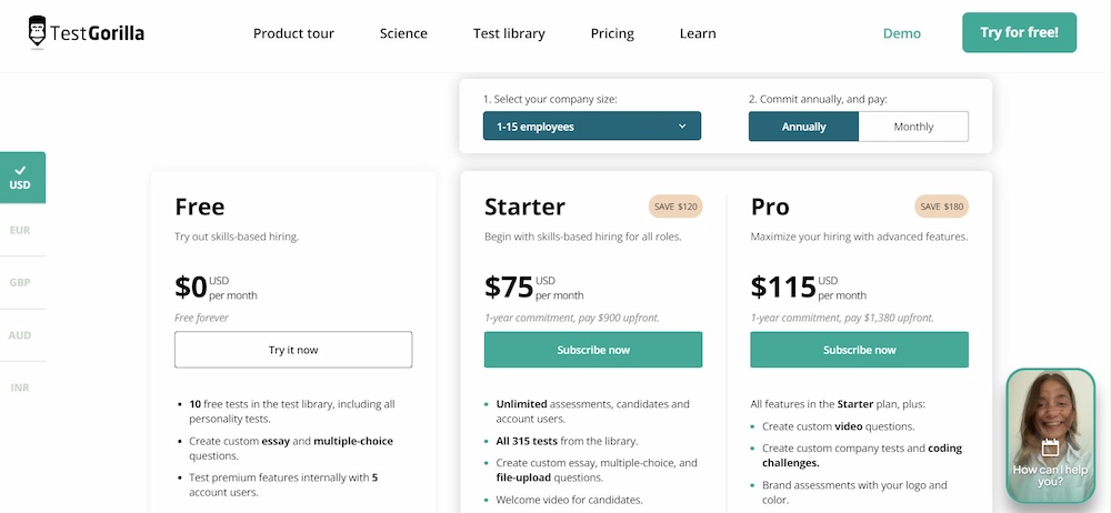 Screenshot of TestGorilla new pricing plan for 1-15 employees