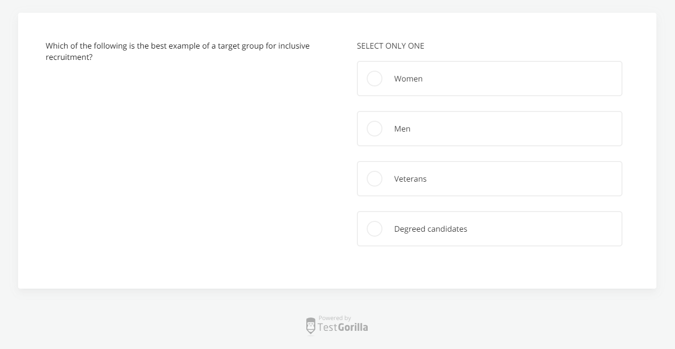 screenshot of inclusive hiring question in TestGorilla