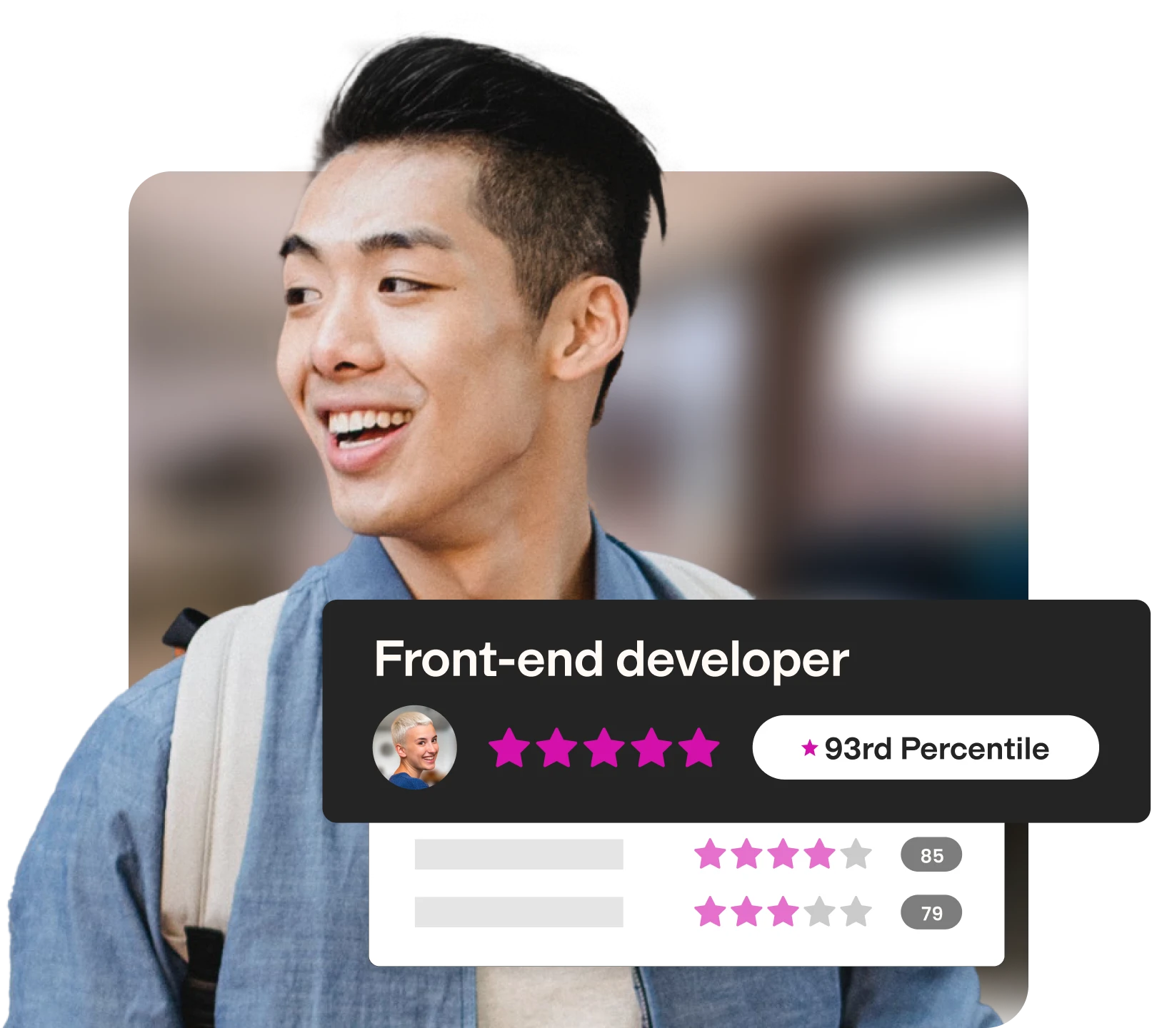 sit 1 happy asian man looking to the left reviewing candidates for a front end developer