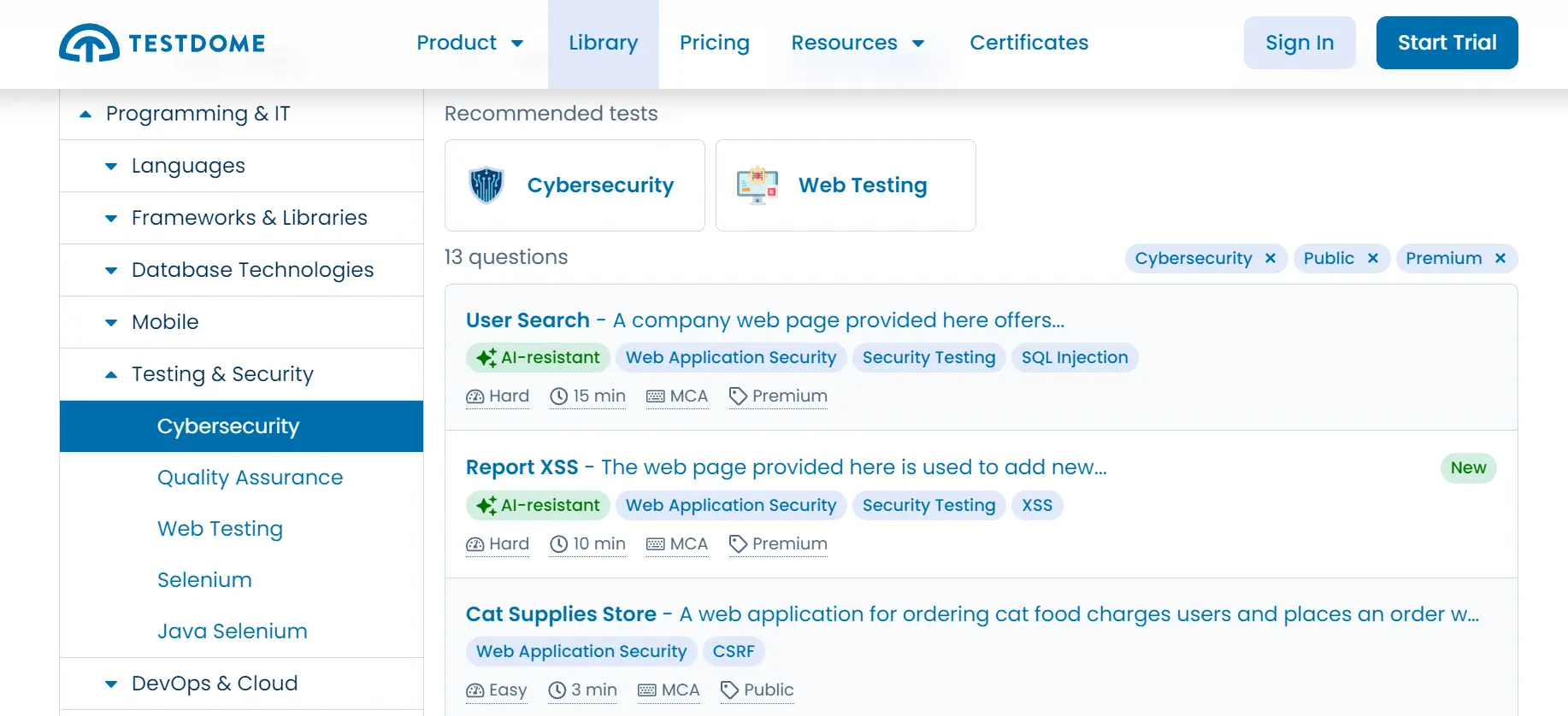 A screenshot of TestDome’s library page for cybersecurity skills