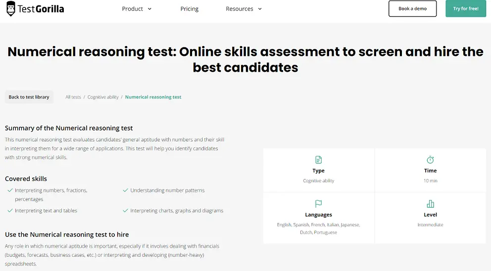 preview of numerical reasoning test in TestGorilla