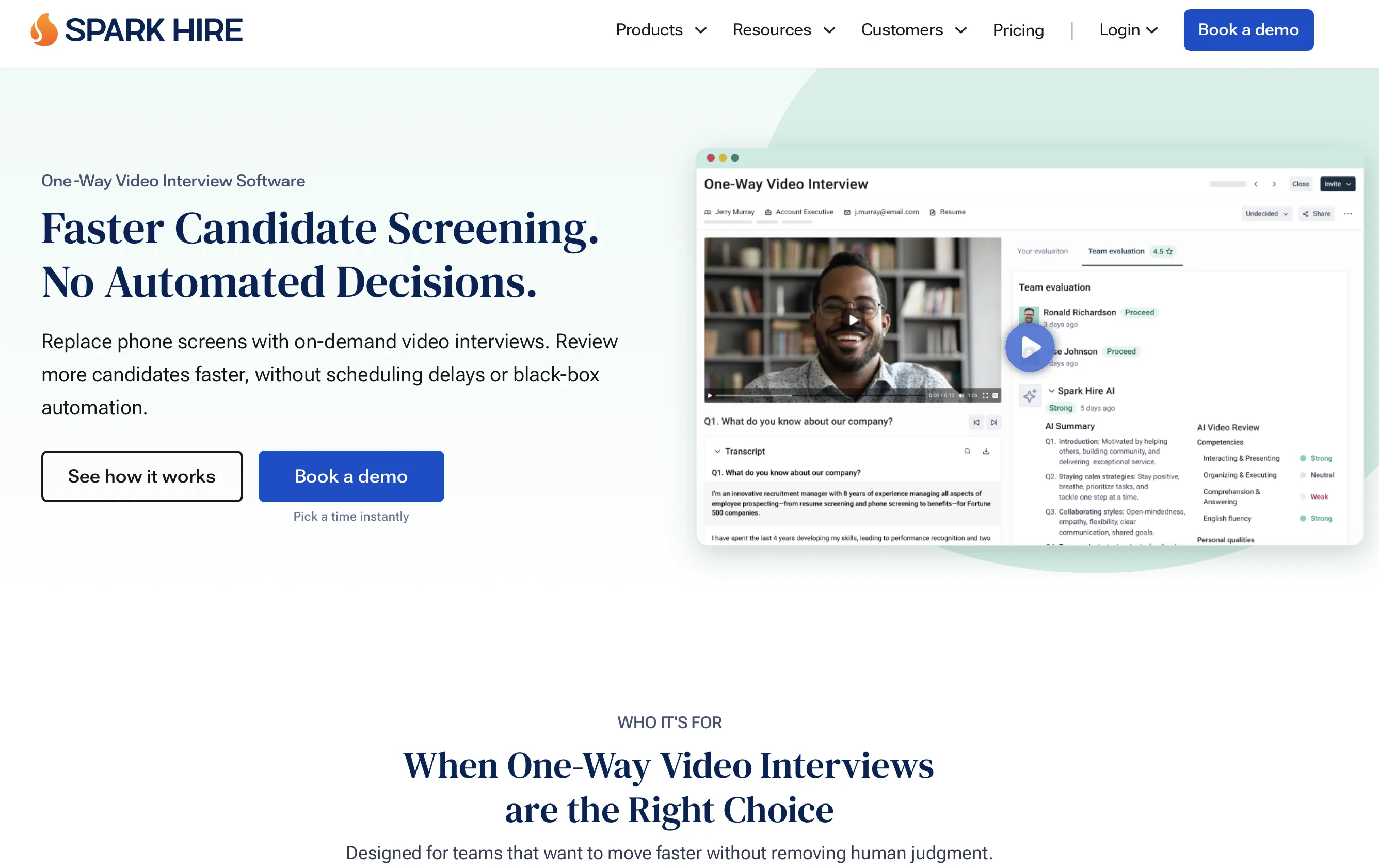 screenshot of sparkhire one way video interview software