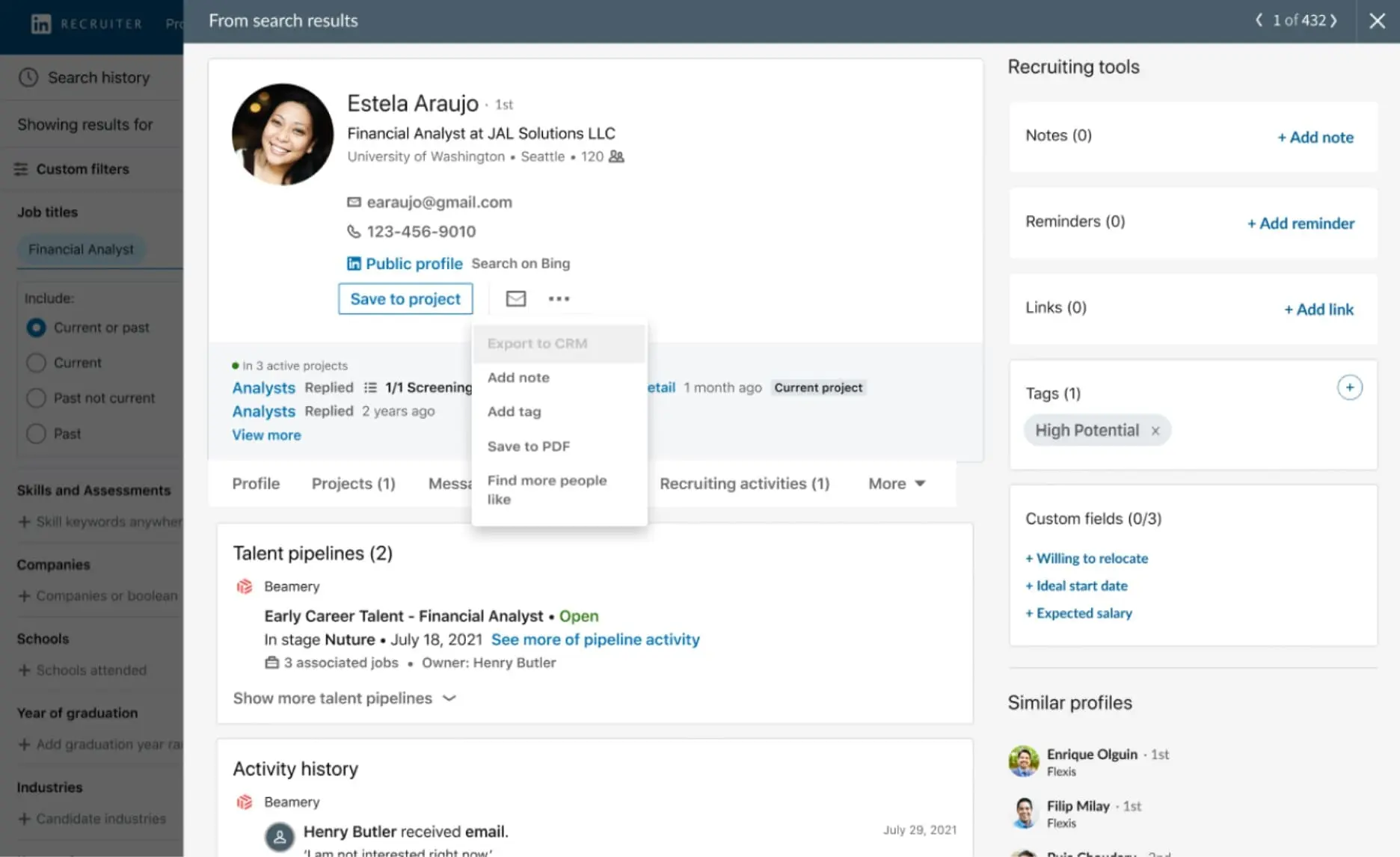 Exporting a candidate’s profile to Beamery using the LinkedIn Connect extension.