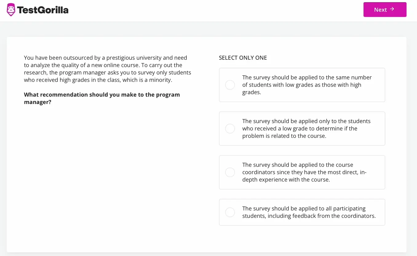 A sample question from TestGorilla's Market Research test
