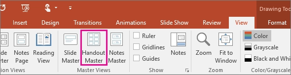 screenshot of where to find Handout Master in PowerPoint