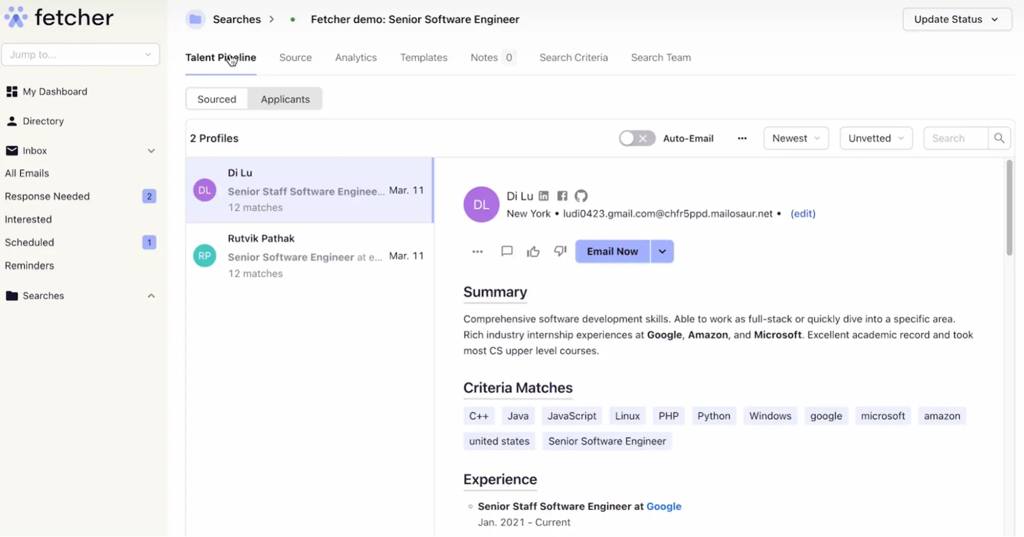 Fetcher dashboard showing profiles for two sourced candidates, with a summary of the candidate selected.