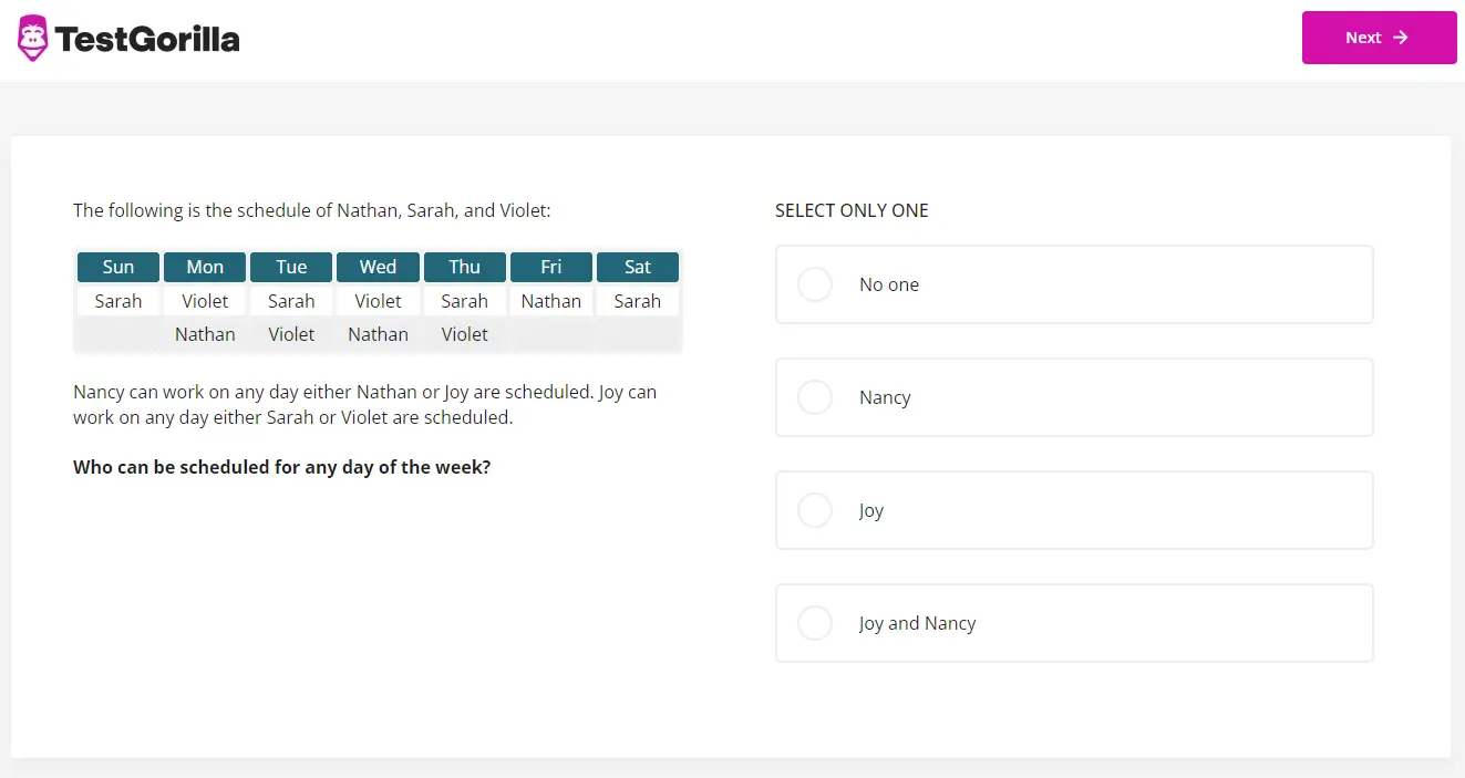 An example question from TestGorilla's Problem Solving test