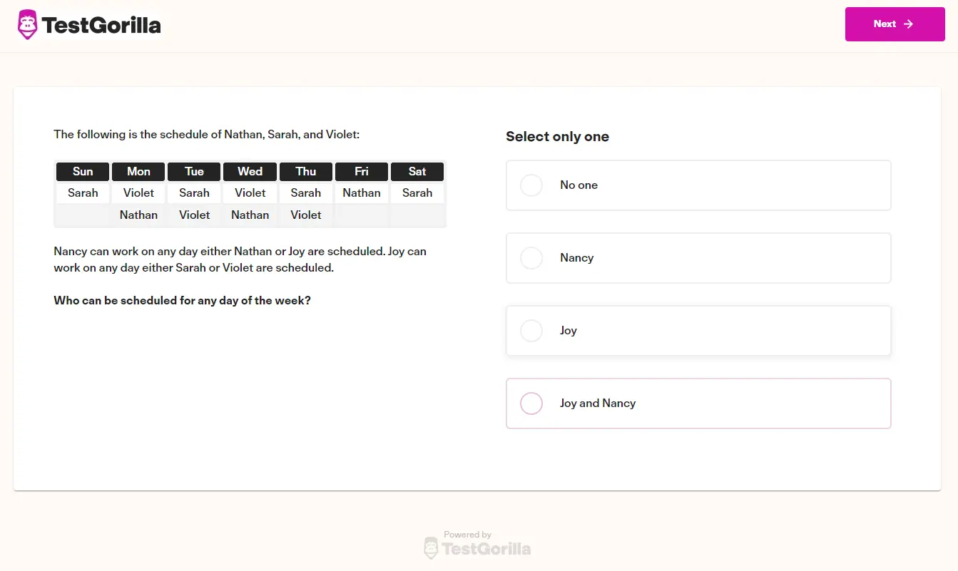 An example question from TestGorilla's Problem Solving test