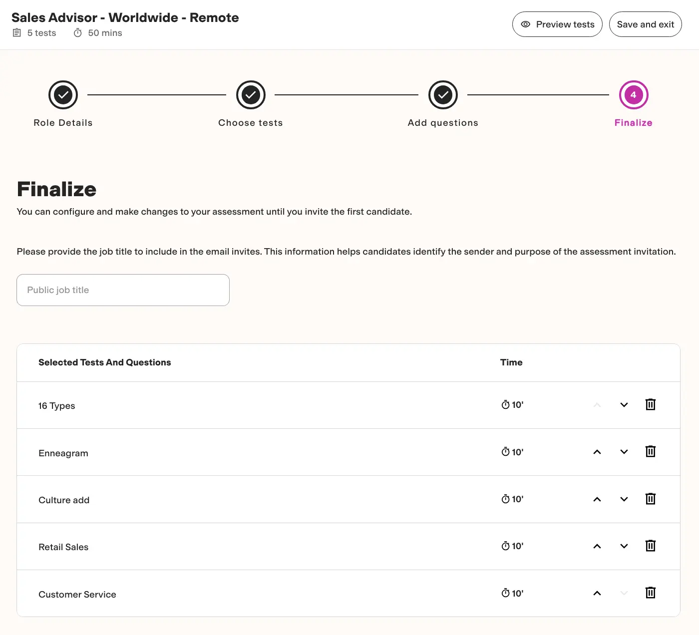 A TestGorilla assessment for a sales advisor made up of five different tests
