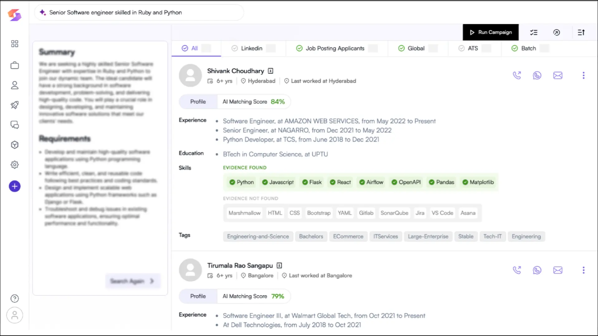 Screenshot of Skima AI‘s matching interface showing a candidate with an 84% AI matching score.