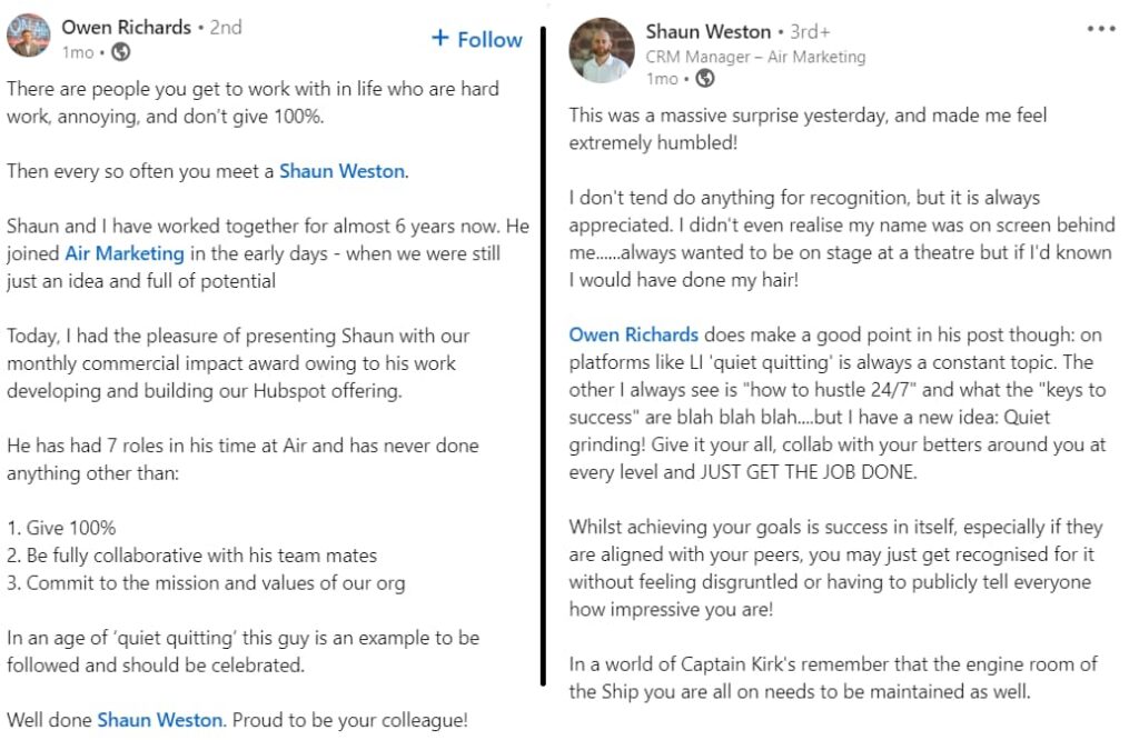 exchange between Owen Richards and Shaun Weston, two employees from Air Marketing