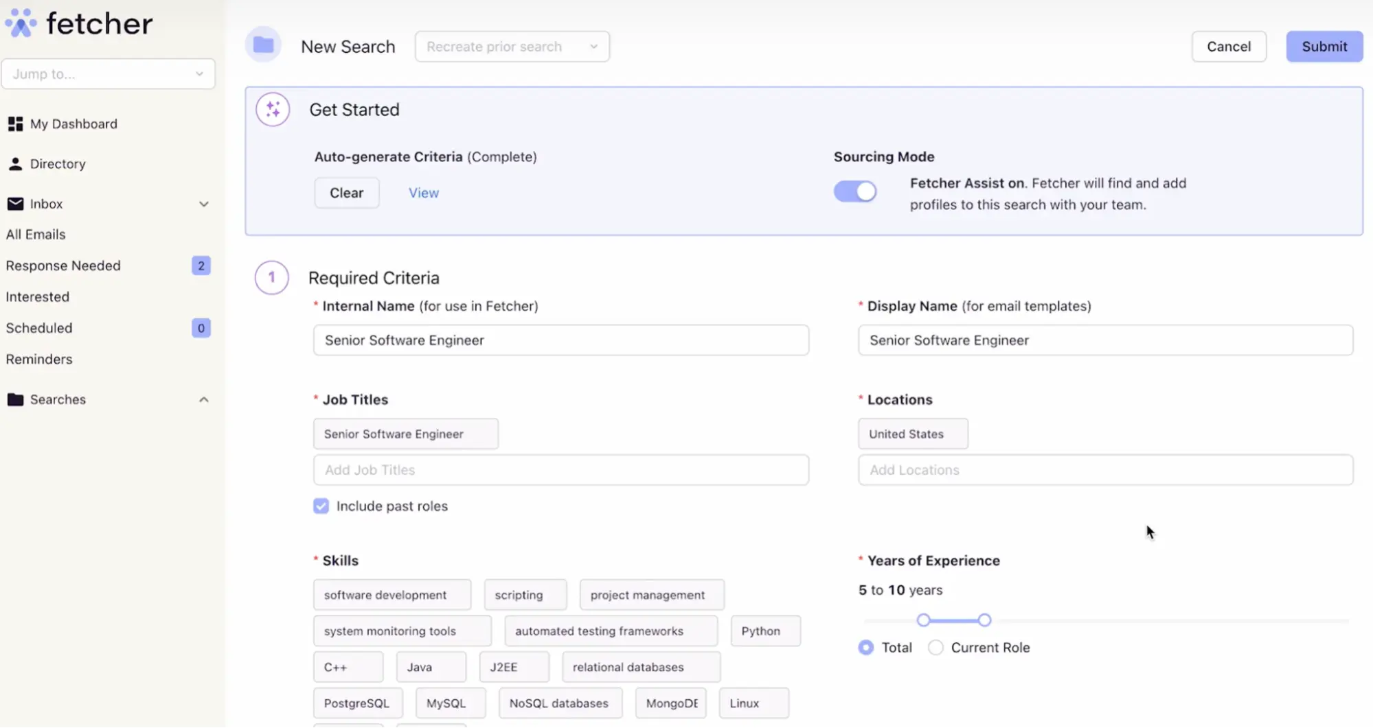 Starting a candidate search in Fetcher. The screen shows the job name, title, skills required, and years of experience required.