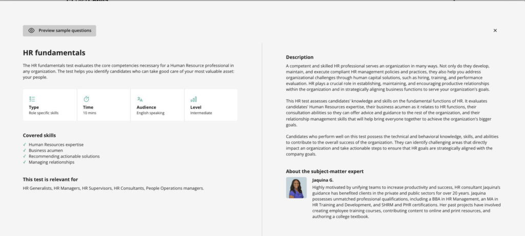 screenshot of HR fundamentals test in TestGorilla