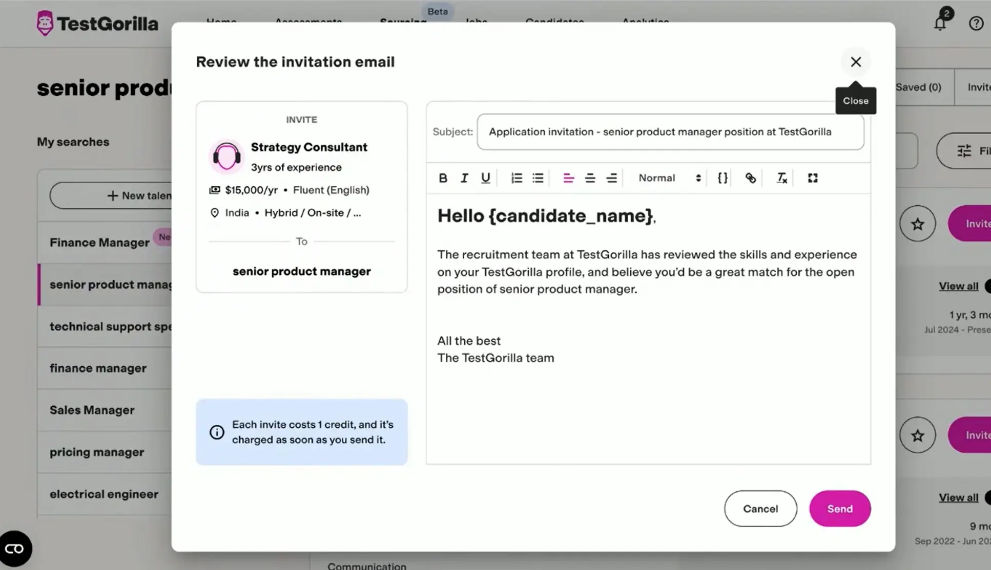 An invitation to a candidate in TestGorilla