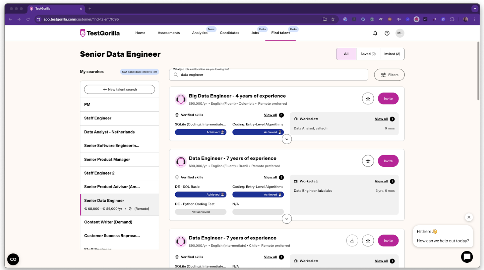 In TestGorilla Sourcing, potential candidates appear with verified skills and assessment results that help you quickly spot strong matches.
