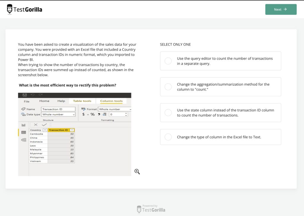 preview of Power BI test question 1 in TestGorilla